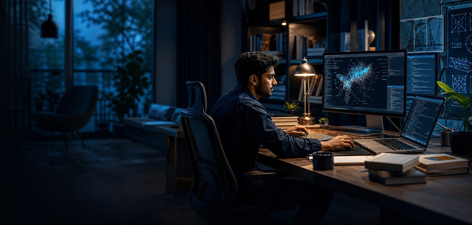 Indian technology professional working with AI tools in a modern workspace