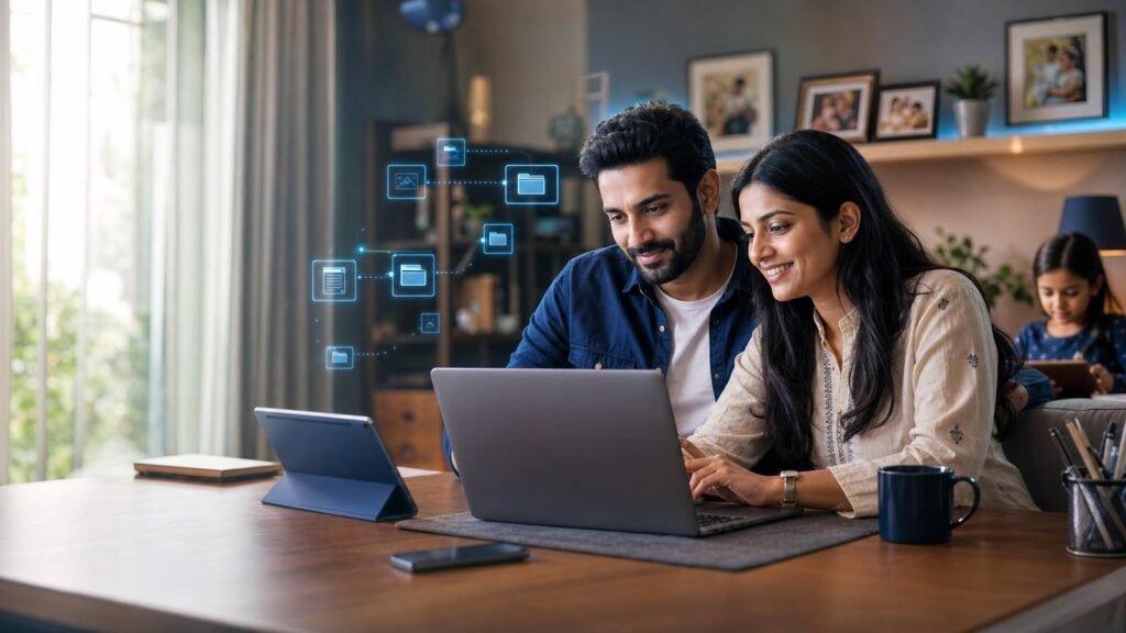 Indian family organising cloud files across a laptop, tablet and phone