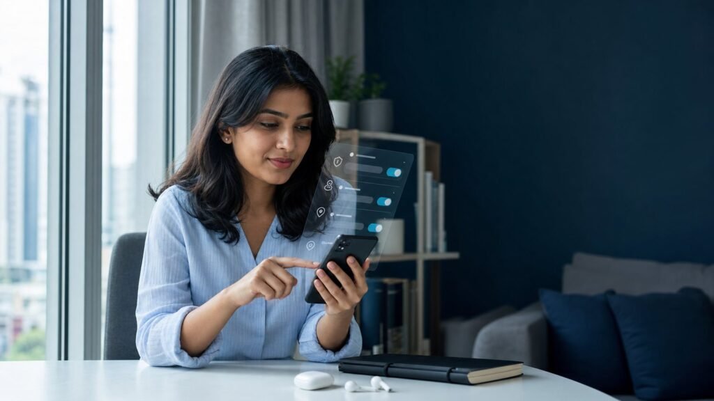 Indian woman reviewing privacy controls on a smartphone