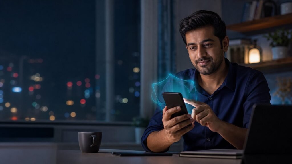 Indian professional using a smartphone with a subtle digital security shield