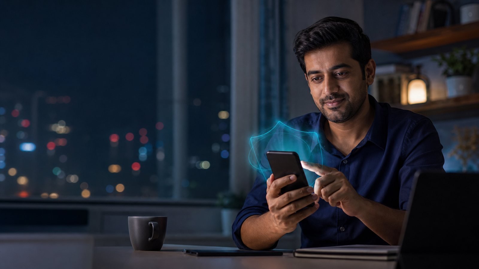Indian professional using a smartphone with a subtle digital security shield